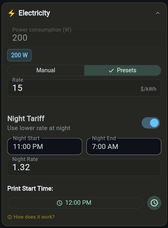 Electricity and night tariff settings